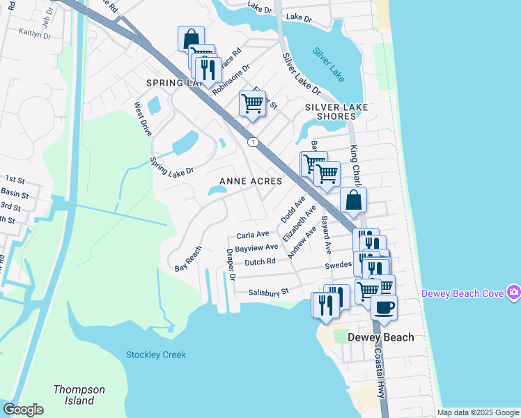 map of restaurants, bars, coffee shops, grocery stores, and more near 4 Manor Drive in Rehoboth Beach