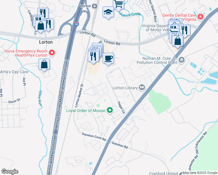 map of restaurants, bars, coffee shops, grocery stores, and more near 8010 Samuel Wallis Street in Lorton
