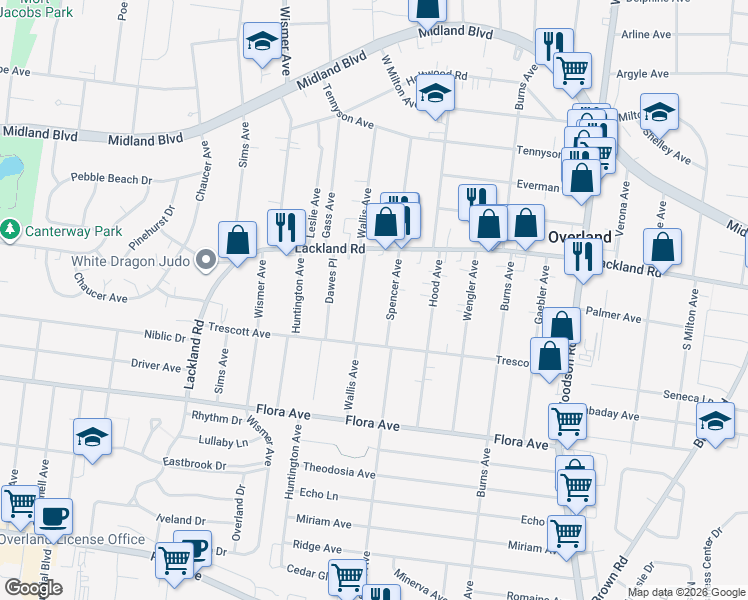 map of restaurants, bars, coffee shops, grocery stores, and more near 2315 Spencer Avenue in Overland