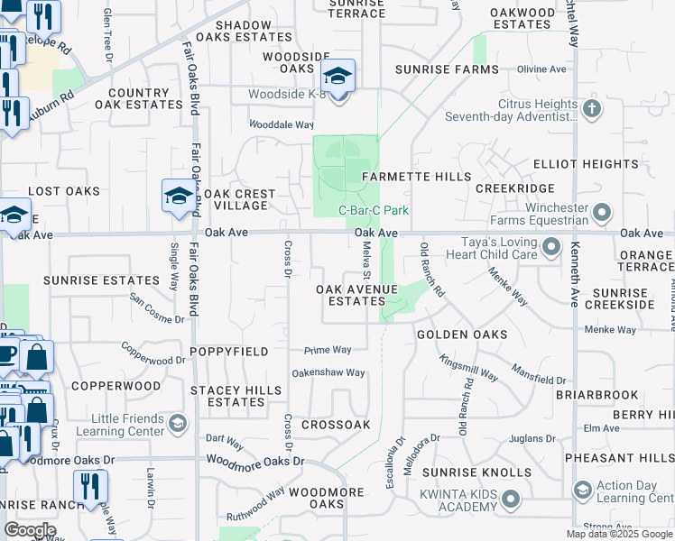 map of restaurants, bars, coffee shops, grocery stores, and more near 7236 Mandarin Circle in Citrus Heights
