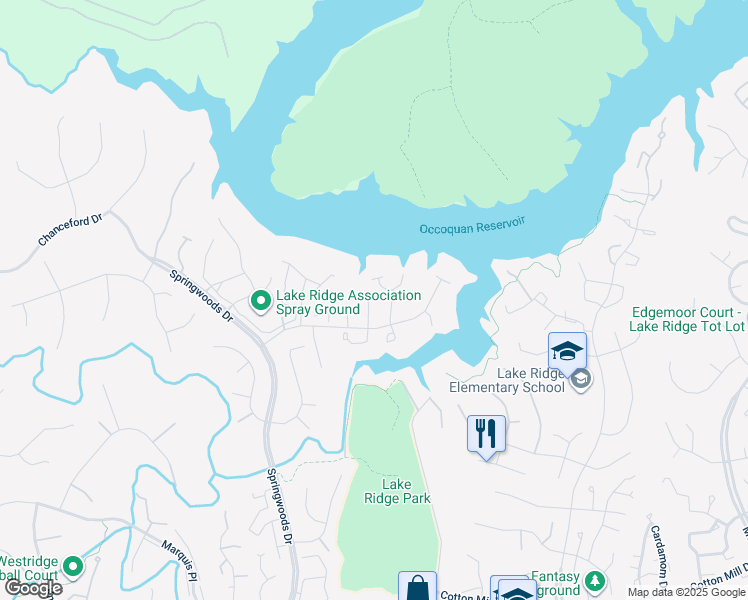 map of restaurants, bars, coffee shops, grocery stores, and more near 11747 Barrows Lane in Woodbridge