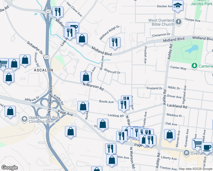 map of restaurants, bars, coffee shops, grocery stores, and more near 2233 North Warson Road in St. Louis