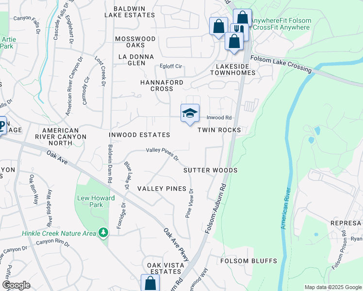 map of restaurants, bars, coffee shops, grocery stores, and more near 9901 Valley Pines Drive in Folsom