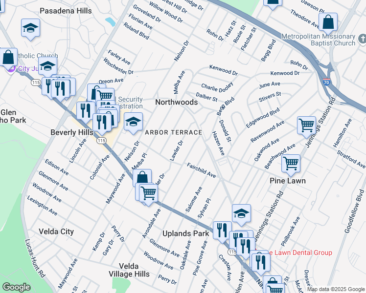map of restaurants, bars, coffee shops, grocery stores, and more near 3810 Avondale Avenue in St. Louis