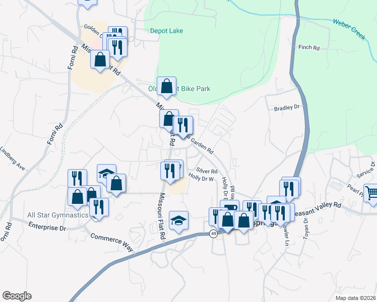map of restaurants, bars, coffee shops, grocery stores, and more near 390 Poko Dobi Lane in Placerville