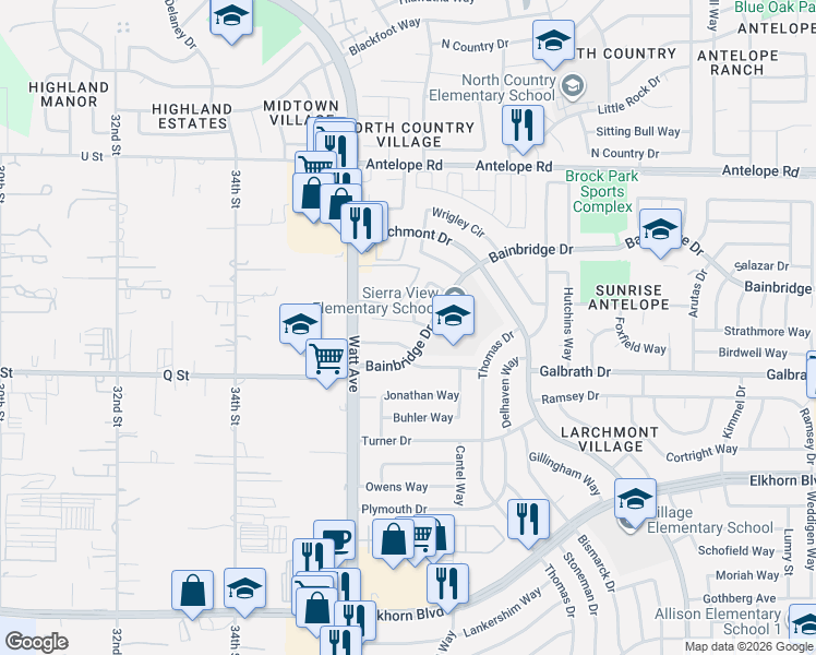 map of restaurants, bars, coffee shops, grocery stores, and more near 3637 Bainbridge Drive in North Highlands
