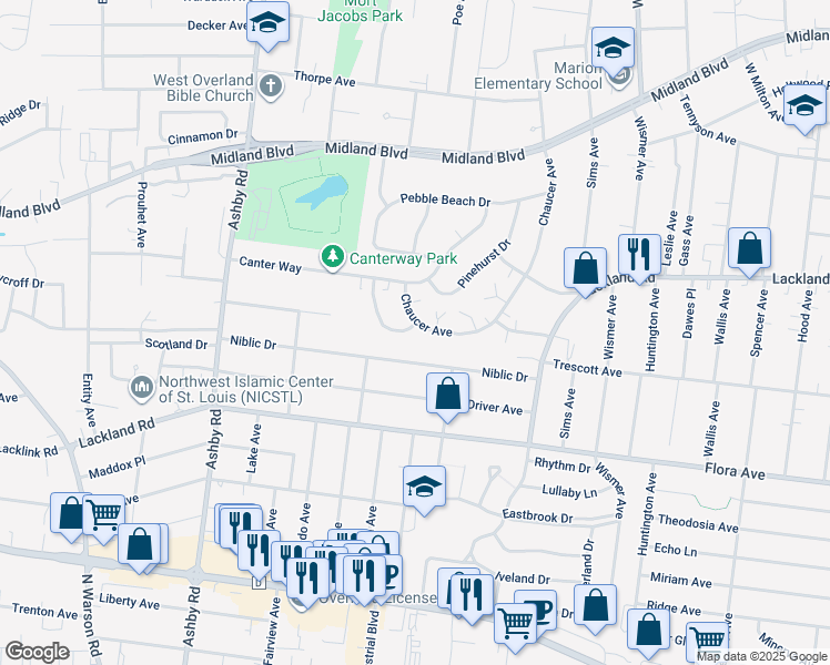 map of restaurants, bars, coffee shops, grocery stores, and more near 10249 Niblic Drive in Overland