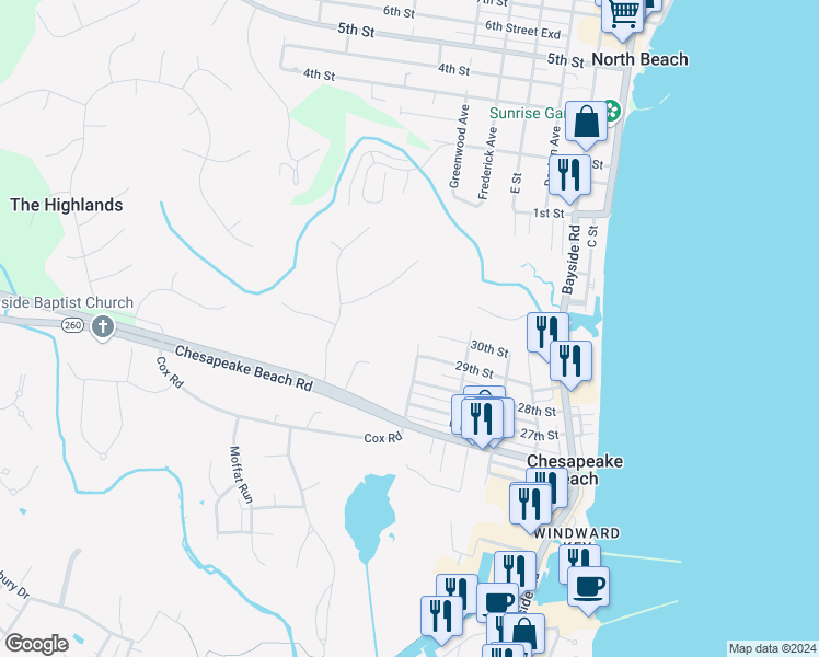 map of restaurants, bars, coffee shops, grocery stores, and more near 8412 G Street in Chesapeake Beach