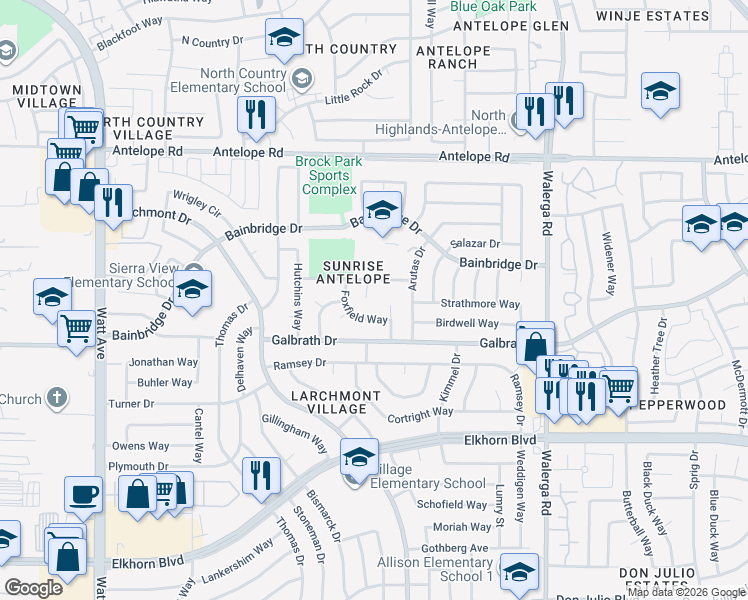 map of restaurants, bars, coffee shops, grocery stores, and more near 7314 Koala Court in North Highlands