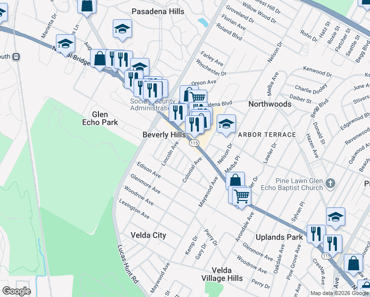 map of restaurants, bars, coffee shops, grocery stores, and more near 3519 Central Place in St. Louis
