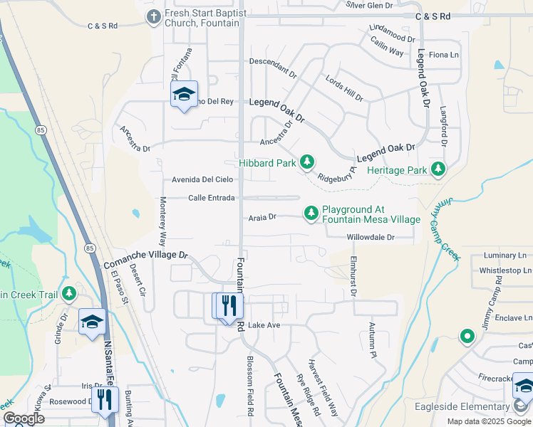 map of restaurants, bars, coffee shops, grocery stores, and more near 7158 Araia Drive in Fountain