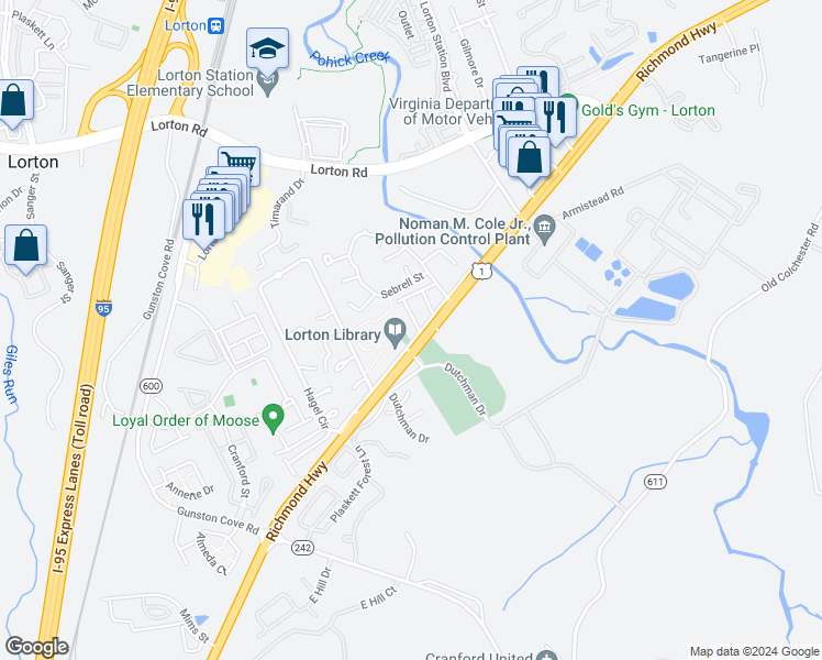 map of restaurants, bars, coffee shops, grocery stores, and more near 9526 Greencastle Lane in Lorton