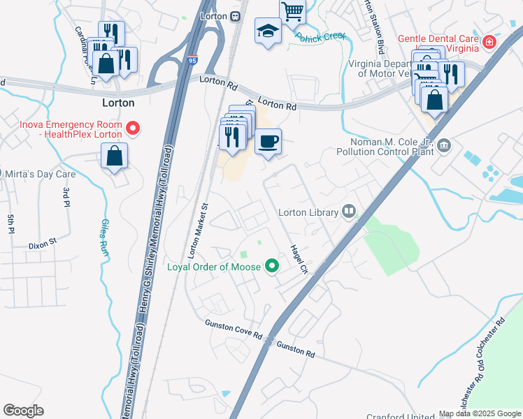 map of restaurants, bars, coffee shops, grocery stores, and more near 8015 Samuel Wallis Street in Lorton