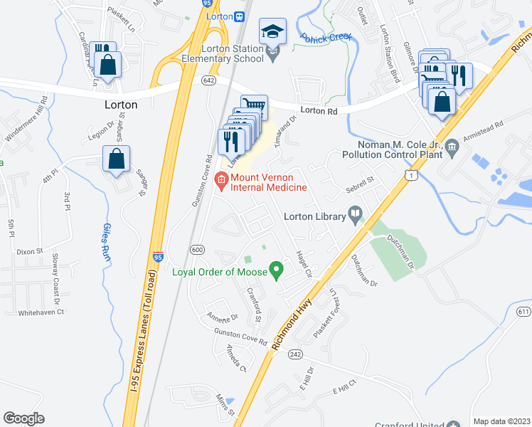 map of restaurants, bars, coffee shops, grocery stores, and more near 8015 Samuel Wallis Street in Lorton