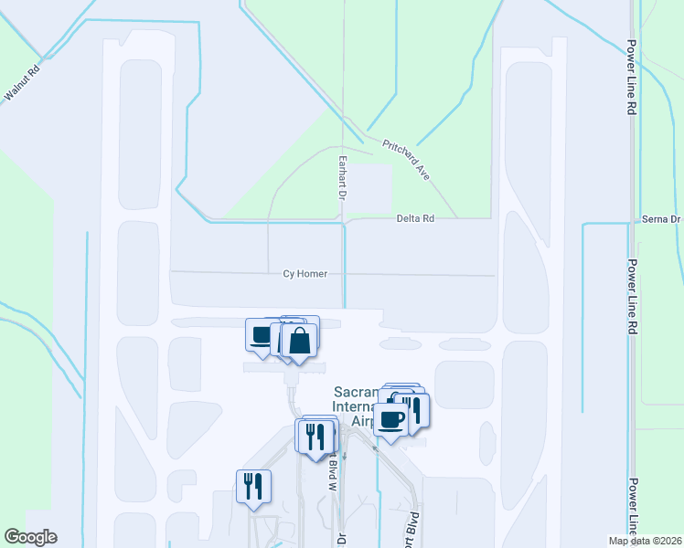 map of restaurants, bars, coffee shops, grocery stores, and more near Earhart Dr in Sacramento