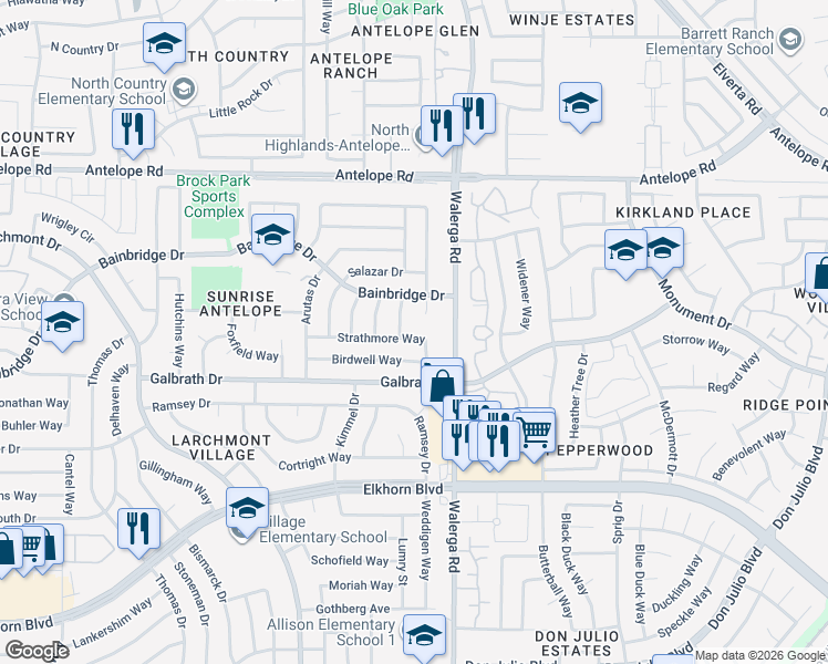 map of restaurants, bars, coffee shops, grocery stores, and more near 4189 Birdwell Way in North Highlands