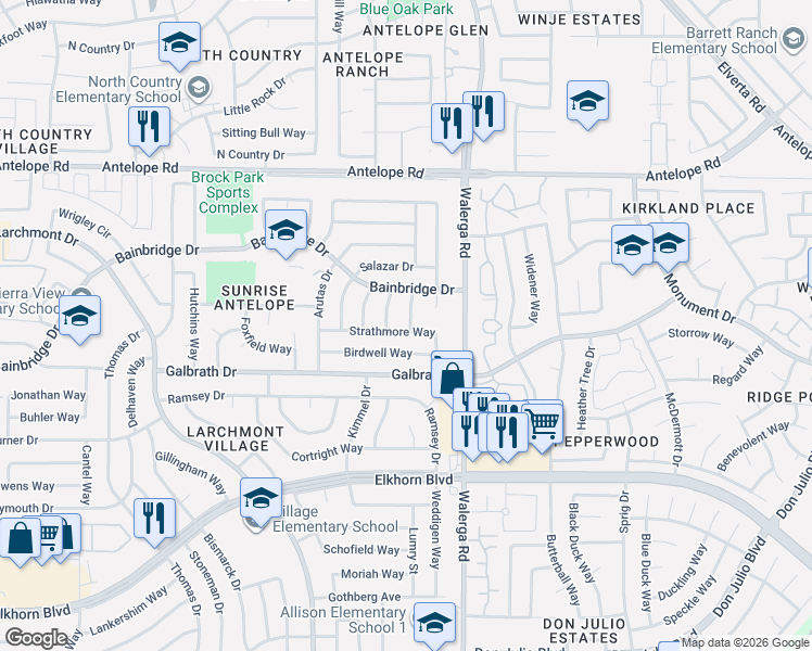 map of restaurants, bars, coffee shops, grocery stores, and more near 4157 Birdwell Way in North Highlands