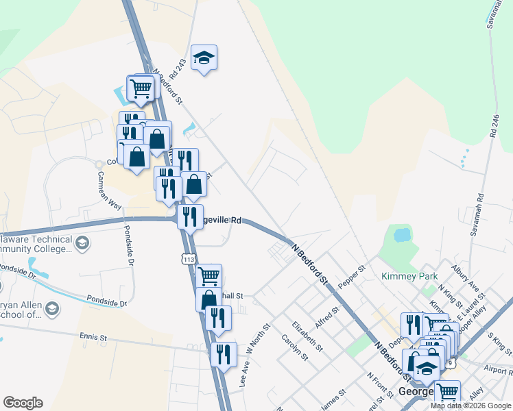 map of restaurants, bars, coffee shops, grocery stores, and more near 12 Bridgeville Road in Georgetown