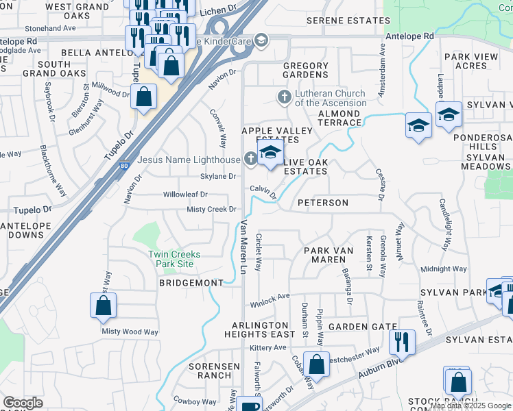 map of restaurants, bars, coffee shops, grocery stores, and more near 6800 Brill Court in Citrus Heights