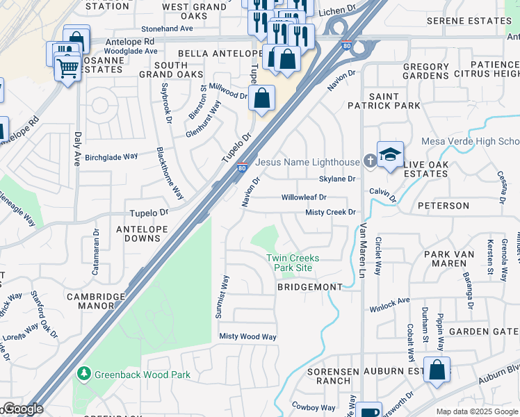 map of restaurants, bars, coffee shops, grocery stores, and more near 6513 Misty Creek Drive in Citrus Heights