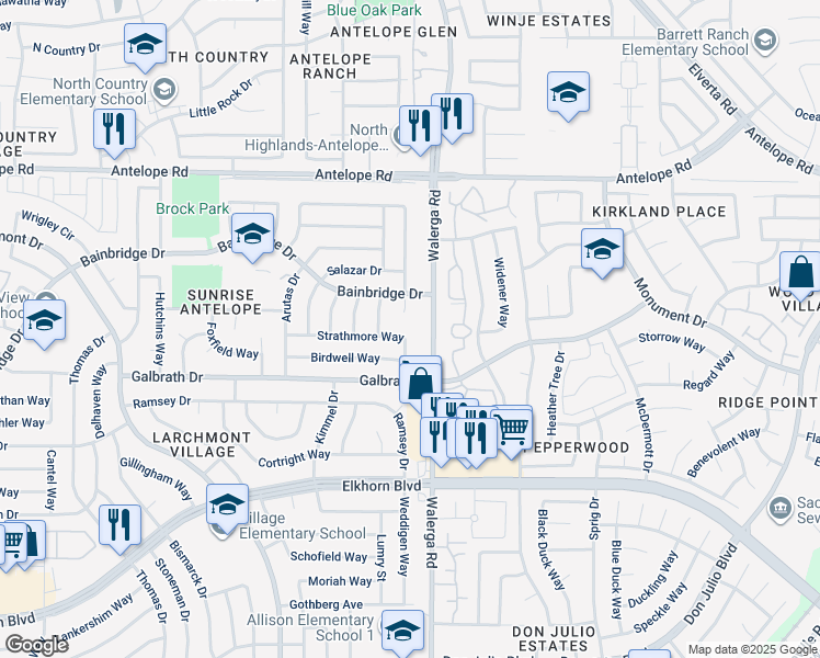 map of restaurants, bars, coffee shops, grocery stores, and more near 4189 Birdwell Way in North Highlands
