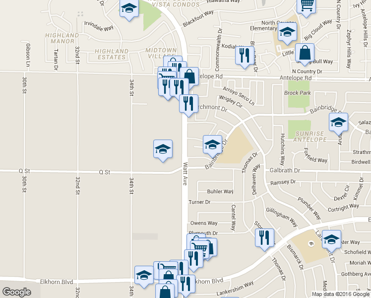 map of restaurants, bars, coffee shops, grocery stores, and more near 7215 Watt Avenue in North Highlands