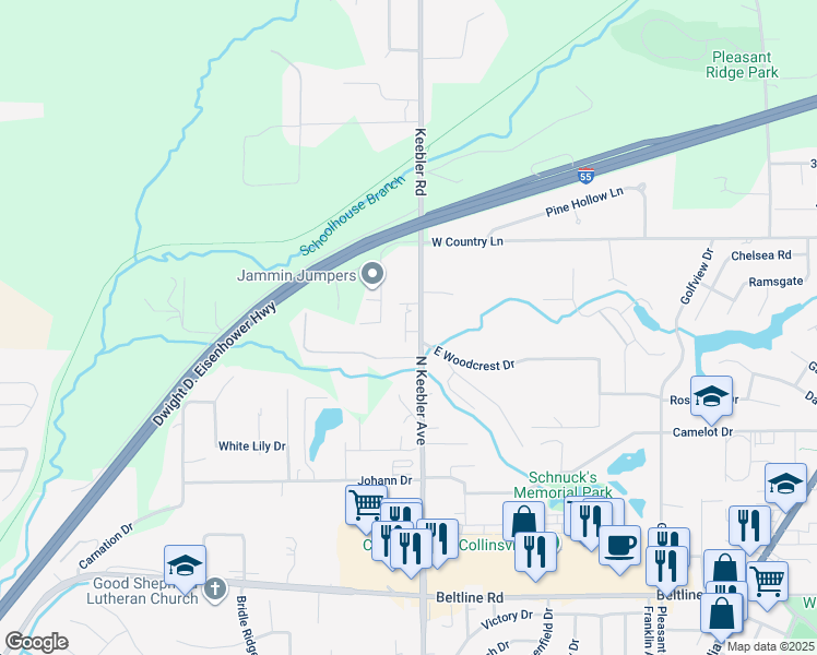 map of restaurants, bars, coffee shops, grocery stores, and more near 100 West Woodcrest Drive in Collinsville