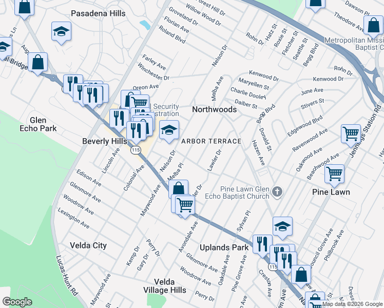 map of restaurants, bars, coffee shops, grocery stores, and more near 6824 Fairchild Avenue in St. Louis