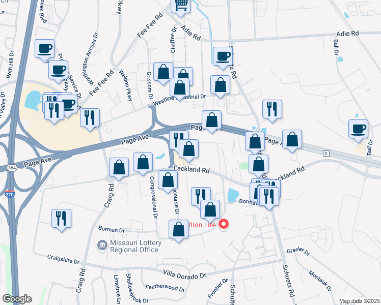 map of restaurants, bars, coffee shops, grocery stores, and more near 11829 Lackland Road in St. Louis