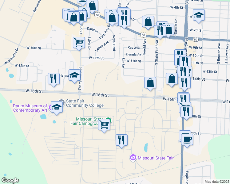 map of restaurants, bars, coffee shops, grocery stores, and more near 2700 West 16th Street in Sedalia