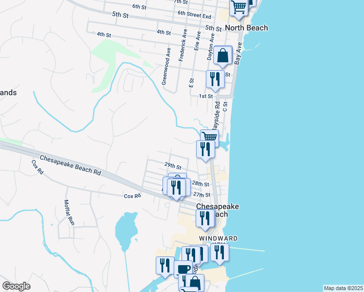 map of restaurants, bars, coffee shops, grocery stores, and more near 8564 E Street in Chesapeake Beach
