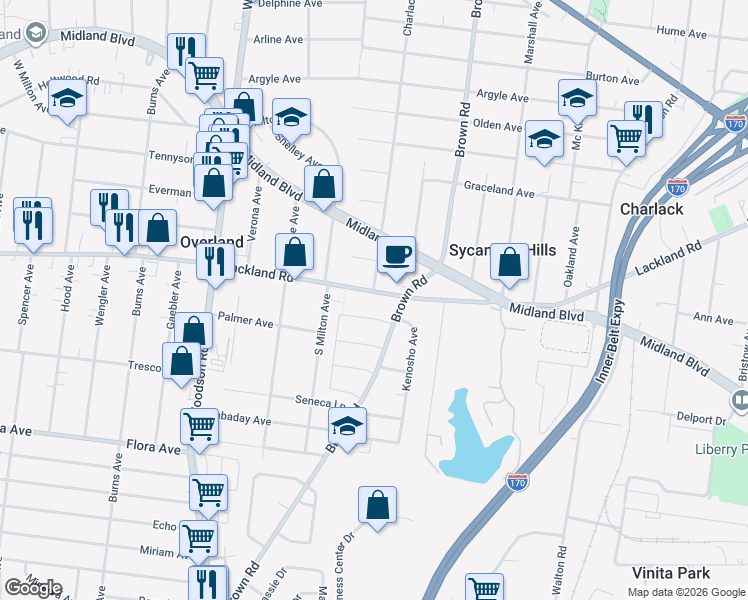 map of restaurants, bars, coffee shops, grocery stores, and more near 8902 Apache Lane in Overland