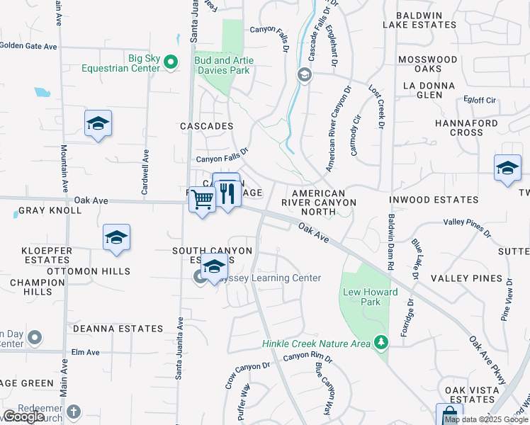 map of restaurants, bars, coffee shops, grocery stores, and more near American River Canyon Dr & Oak Ave Pkwy in Folsom