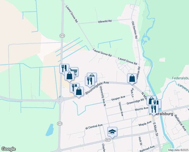 map of restaurants, bars, coffee shops, grocery stores, and more near 101 Fairhaven Court in Federalsburg