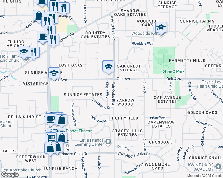map of restaurants, bars, coffee shops, grocery stores, and more near 13641 Fair Oaks Boulevard in Citrus Heights