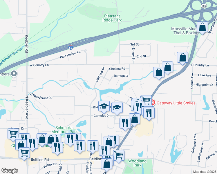 map of restaurants, bars, coffee shops, grocery stores, and more near 7 Ramsgate in Collinsville