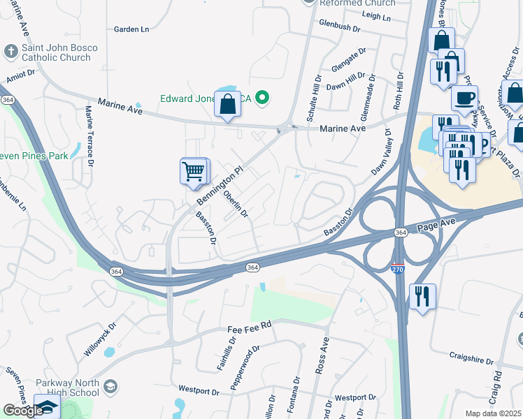map of restaurants, bars, coffee shops, grocery stores, and more near 12374 Ardwick Lane in St. Louis