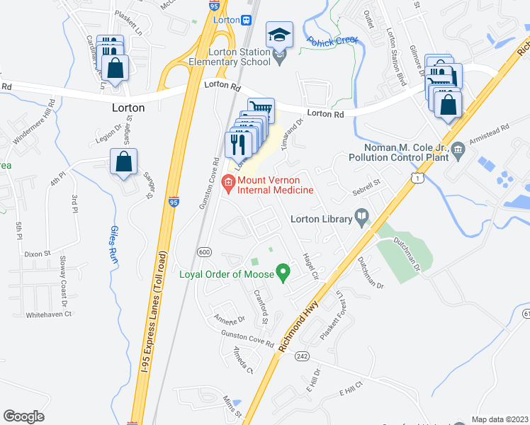 map of restaurants, bars, coffee shops, grocery stores, and more near 8047 Samuel Wallis Street in Lorton
