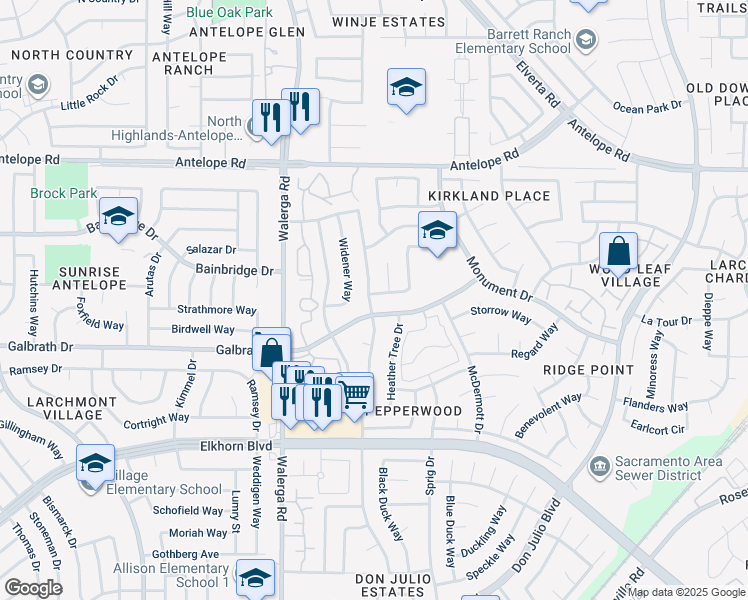 map of restaurants, bars, coffee shops, grocery stores, and more near 7336 Widener Way in Sacramento