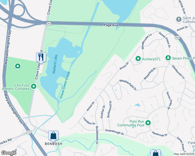 map of restaurants, bars, coffee shops, grocery stores, and more near 13247 Weatherfield Drive in St. Louis