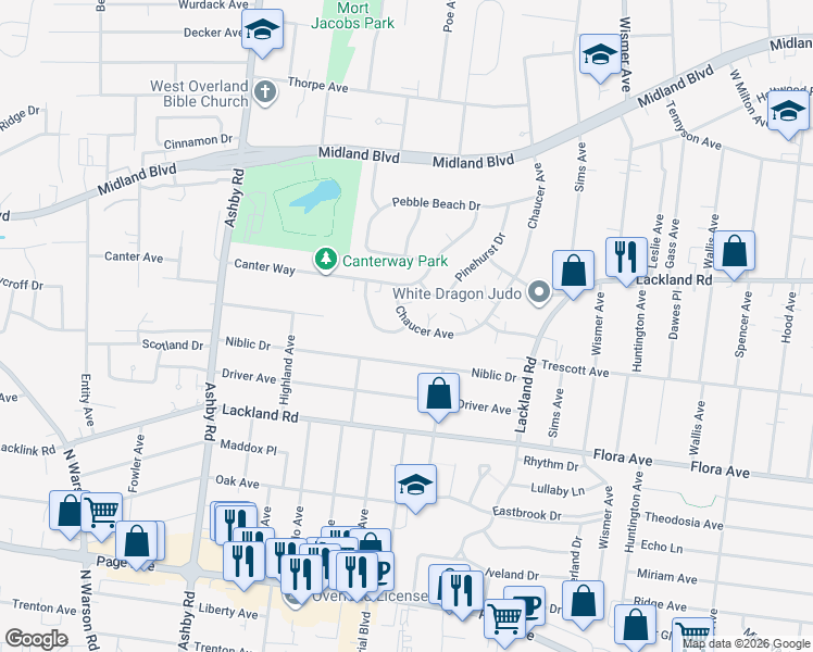 map of restaurants, bars, coffee shops, grocery stores, and more near 10246 Chaucer Avenue in Overland