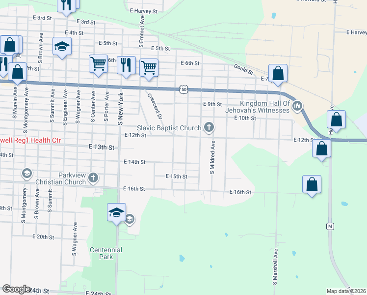 map of restaurants, bars, coffee shops, grocery stores, and more near 1922-1998 East 12th Street in Sedalia