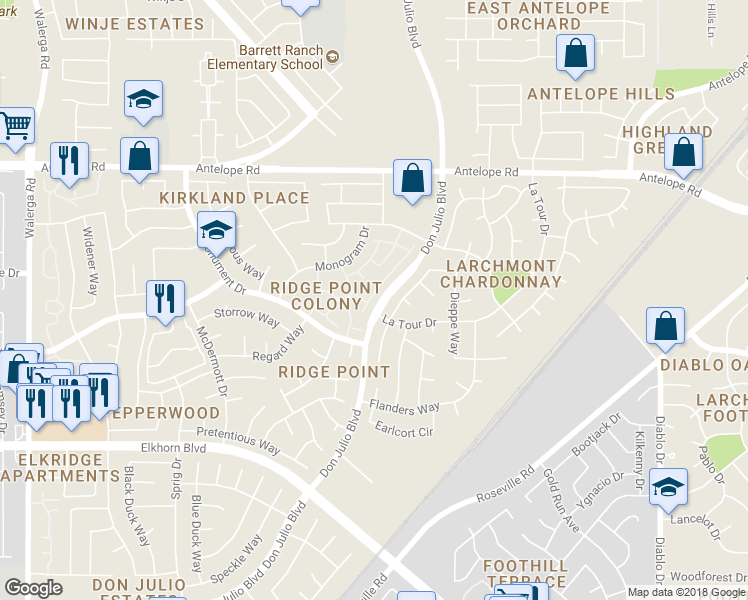 map of restaurants, bars, coffee shops, grocery stores, and more near 7326 High Point Lane in Sacramento