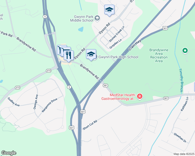 map of restaurants, bars, coffee shops, grocery stores, and more near 13895 Brandywine Road in Brandywine