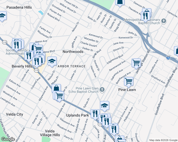 map of restaurants, bars, coffee shops, grocery stores, and more near 6801 Pasadena Boulevard in St. Louis