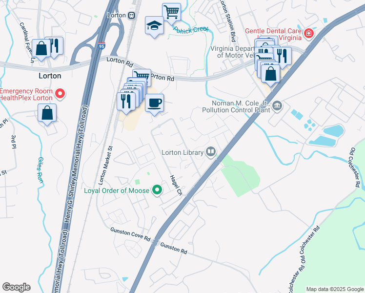 map of restaurants, bars, coffee shops, grocery stores, and more near 9620 Hagel Circle in Lorton
