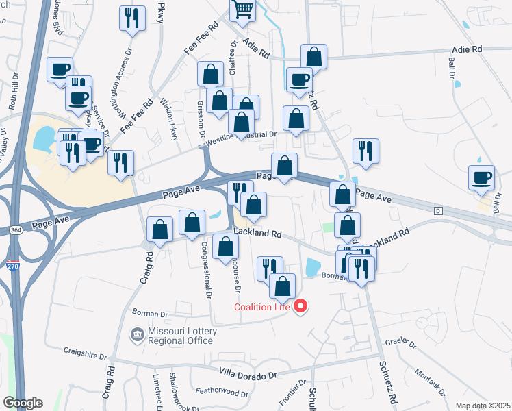 map of restaurants, bars, coffee shops, grocery stores, and more near 2250 Welsch Industrial Court in St. Louis