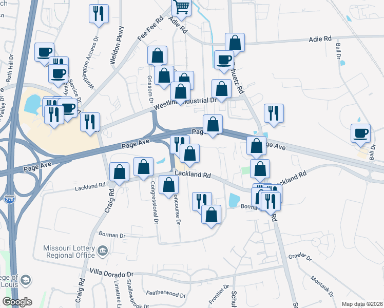 map of restaurants, bars, coffee shops, grocery stores, and more near 2250 Welsch Industrial Court in St. Louis