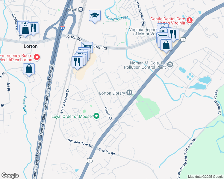 map of restaurants, bars, coffee shops, grocery stores, and more near 9620 Hagel Circle in Lorton