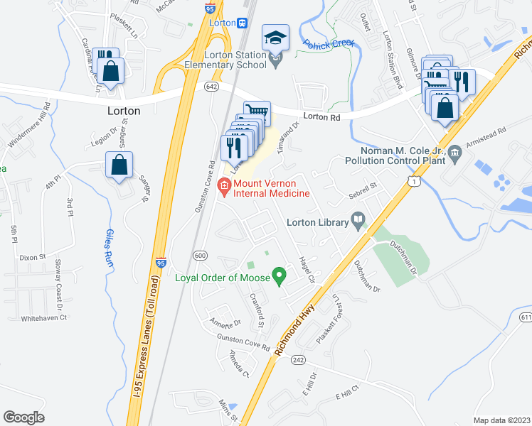 map of restaurants, bars, coffee shops, grocery stores, and more near 8025 Samuel Wallis Street in Lorton